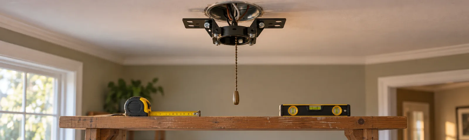 A ceiling box and tools on a shelf. Illustrative, not the business's work.